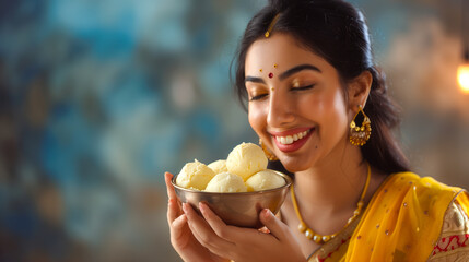 Indian woman savoring the richness of Rasmalai, modern background, joyful expressions