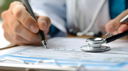 Foto op Aluminium Doctor completing a Medical Insurance Claim Form by Stethoscope © Lucky Ai