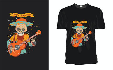 Mexican art. Mariachi skeleton wearing sombrero and playing guitar. Creative print. T-shirt design. Template for posters, textiles, apparels. Vector illustration for dark clothes
