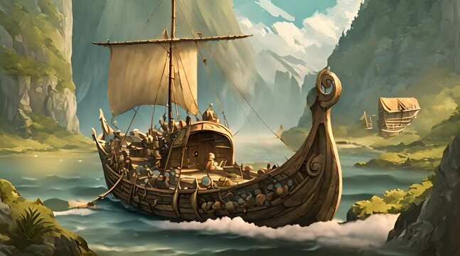 Abstract animation of a drakar rafting down the river. Sail, sea, captain, deck, mast, ocean, frigate, journey, helm, anchor, water, sailor, waves. Generated by AI