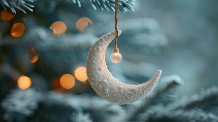 Soft white cotton and small blinking lamps are hung on a crescent moon ornamental decoration for ramadan or valentine's day decorations. - obrazy, fototapety, plakaty
