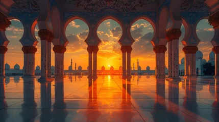 Foto op Plexiglas This mosque sunset islamic frame works well as a vertical image, a social media story, a Ramadan wallpaper, or an Islamic concept picture © DZMITRY