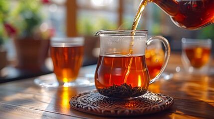 Pouring tea into a glass cup on a wooden table in a cafe