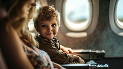 Adorable kid boy sits by the window at plane soars through the sky. Childhood wonder during an...