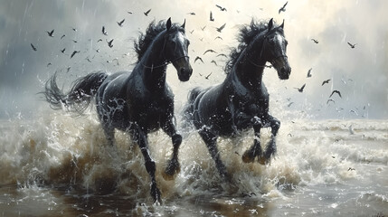 Two black horses run gallop in the water in the rain. - obrazy, fototapety, plakaty