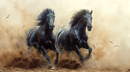 Two black friesian horses galloping in dust and dust in motion - obrazy, fototapety, plakaty