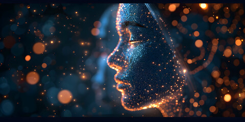 A woman's face with a glowing light behind her with blur background. - obrazy, fototapety, plakaty