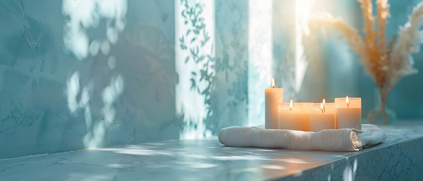 blue bathroombackground with white marble background, table with aroma candles for show 