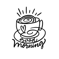 Good morning phrase and cup with sun doodle line art style vector illustration.A minimalist line art depiction of a coffee mug paired with the phrase 