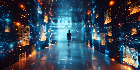 A Man Finding the Way Out A Journey Through a Futuristic Blue Corridor.