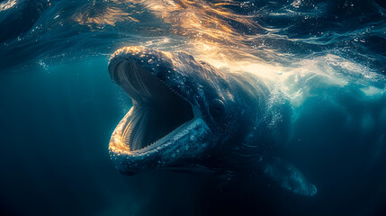 Humpback whale in the deep blue ocean. 3D Rendering