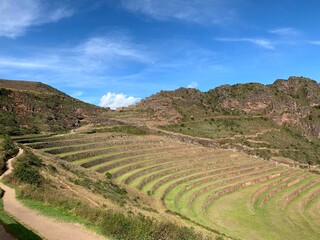 Peru Inca terraced fields in the Sacred valley Pisac town Calca province  Cusco region. - obrazy, fototapety, plakaty