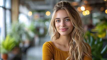 Portrait of a beautiful young woman with blond hair in a cafe.  - obrazy, fototapety, plakaty
