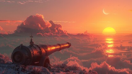 Concept for Ramadan kareem cannon with crescent - Dusk sky with moon in cloud at sunset.