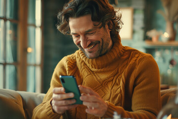 joyful portrait of a man with a phone in his hands - obrazy, fototapety, plakaty