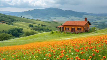 Wooden house in the meadow with orange flowers and mountains in the background