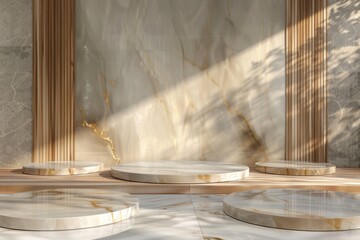 white marble Podium stand studio room brown gold color background 3d pedestal platform background. Premium golden light scene luxurious  style floor stage modern mockup base. with a vase tree