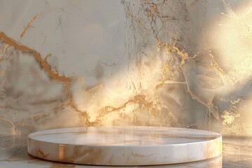 white marble Podium stand studio room brown gold color background 3d pedestal platform background....