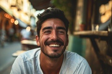 Portrait of a handsome young man smiling at the camera in a street.