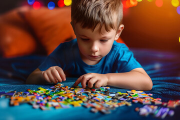 child playing with puzzle pieces, child playing with blocks, Little boy doing a jigsaw puzzle