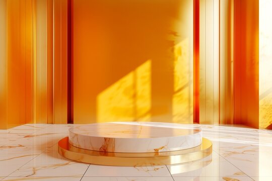 marble Podium stand studio room ,orange background 3d pedestal platform background. Premium clean light scene luxurious  style floor stage modern mockup base. 