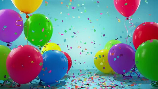 Birthday party set with colorful watercolor balloons and confetti