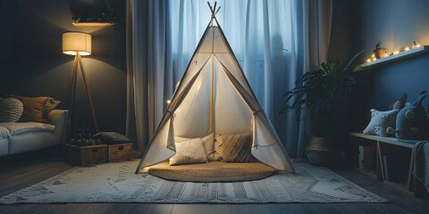 Modern child room with teepee colorful lighting and other touches to create a playful atmosphere .
