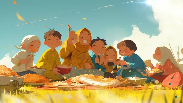 A lovely and cheerful animation of a little family wearing traditional clothes and celebrating Eid Mubarak together. Enchanted 4k loop animation