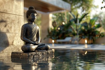 3D render of a Zen statue in a classic meditative pose its body a blend of ancient stone and sleek metal components beside a reflective water feature