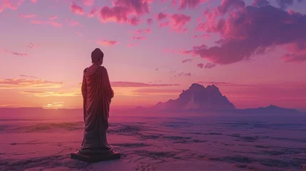Rolgordijnen 3D render of a Zen statue illuminated by the soft glow of sunset standing alone on a desert plateau with a gradient sky backdrop © pprothien