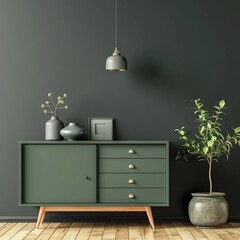 Green cabinet and accessories decor in living room interior on empty dark wall background