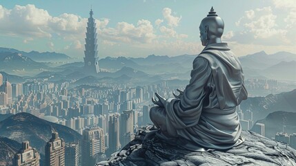 3D render of a Zen statue in an ancient robe with cybernetic limbs folded in meditation set on a mountaintop overlooking a futuristic skyline - obrazy, fototapety, plakaty