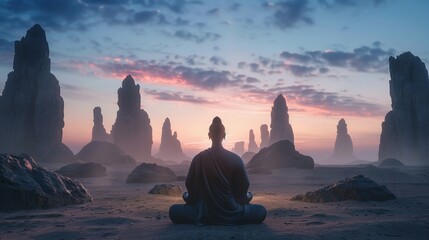 3D render of a Zen statue with a backdrop of towering desert rock formations capturing the statues silhouette against the twilight sky
