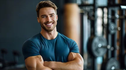 Foto op Canvas American Male Personal Trainer Smiling with Gym Background © Terry A.I. Gallery