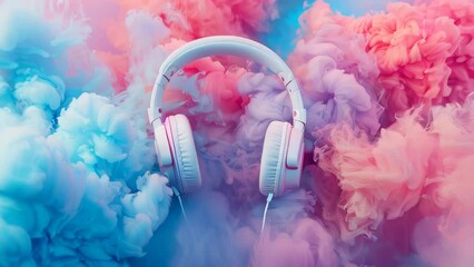 White headphones surrounded by smoke in slow motion.