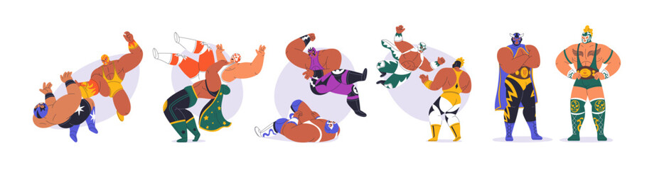 Luchadores, Mexican wrestlers in masks. Lucha libre wrestling, martial art set. Mexico fighters struggling in colorful costumes, capes. Flat graphic vector illustrations isolated on white background