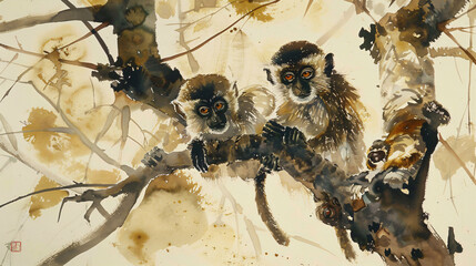 Small monkeys on tree branches
