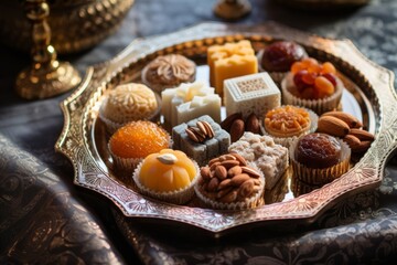 Traditional Eid sweets arranged elegantly on a decorative tray, showcasing the rich culinary heritage of the holiday.