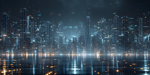 Image of Abstract glowing business graph holograph  .Skyscrapers reflect in a reflecting pool at nighttime in the style of surreal 3d landscapes .
