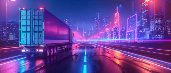 Logistics concept container truck intercity transportation Futuristic city neon technology background