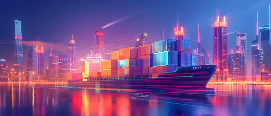 Logistics container ship international transport. city futuristic neon technology background concept
