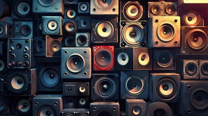 wall of speakers  realistic photography 8k beautiful colours