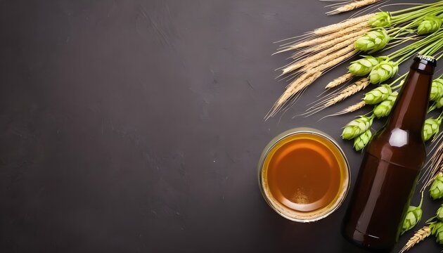 Bottle and Glass beer with Brewing ingredients. Hop flower with wheat