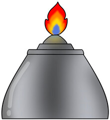 Alcohol burner, silver color, has a fire burning.
