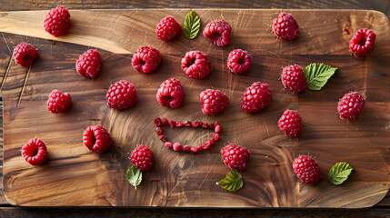 Smiling face laid out of ripe raspberries on a wooden