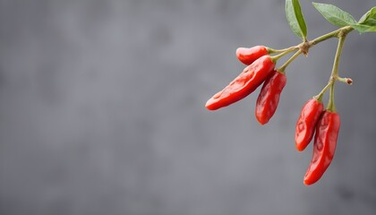 Branch with ripe red goji berry on abstract grey background - obrazy, fototapety, plakaty