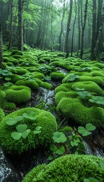 a detailed hires photograph of an emerald green sacred ancient forest in the Scottish highlands with old growth trees clovers moss lichens mushrooms