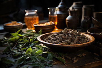 Dried tea leaves on background of decorated decorated wooden table - obrazy, fototapety, plakaty