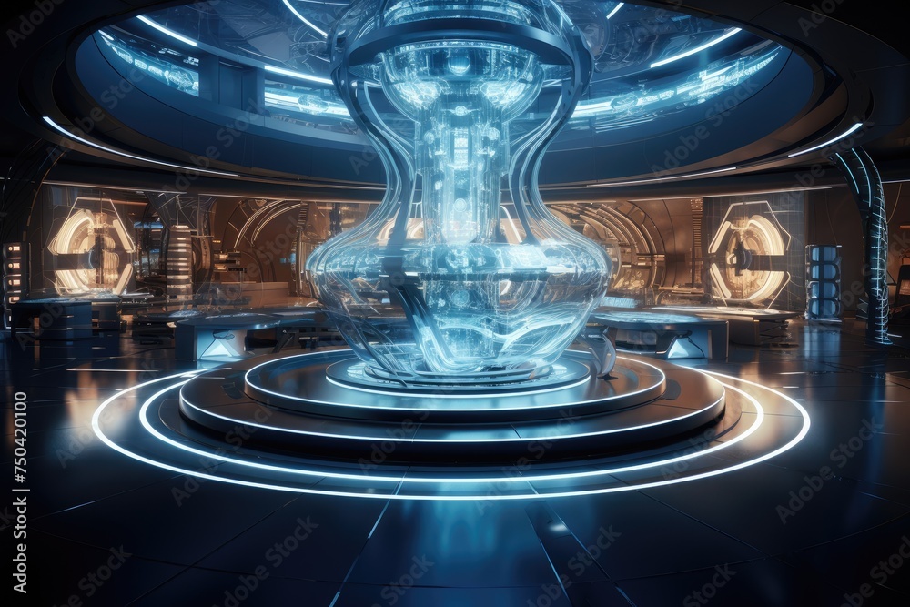 Poster quantum computing laboratory with intricate machinery and futuristic user interfaces. ai generated