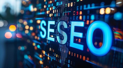 Illuminated SEO Concept on Digital Background with Bokeh Effect